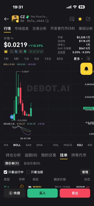 A mobile trading interface showing the 'CZ The Final Form' token at $0.0219, up 118.59%, with a candlestick chart, various technical indicators, and a DEBOT.AI watermark.