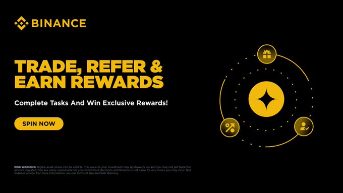 The image is a Binance promotional banner with a black and gold color scheme, featuring the text "TRADE, REFER & EARN REWARDS" and "Complete Tasks And Win Exclusive Rewards!" alongside a "SPIN NOW" button, with a spinning wheel graphic showing a gift box, percentage icon, and user icon in the center. This visual directly supports the post's call to action by illustrating the reward-spinning campaign for new Binance users who make their first $10 trade, offering up to 2 spins and prizes ranging from 2.5 to 500 USDC until October 14.