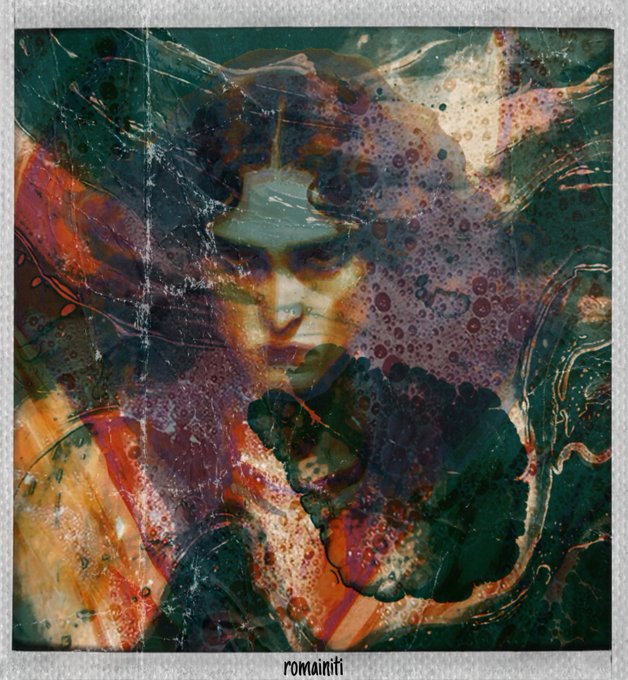 A heavily textured, mixed-media artistic portrait featuring a face partially obscured by bubbly, liquid-like layers of green, orange, and purple, signed 'romainiti' at the bottom.