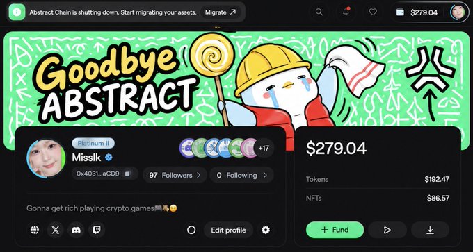 A Phantom wallet profile page for user 'Misslx' with a 'Goodbye Abstract' banner featuring a crying cartoon character in a hard hat, displaying a portfolio balance of $279.04 and a notice that Abstract Chain is shutting down.