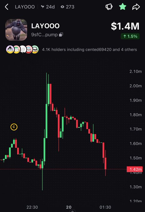 A cryptocurrency price chart for token 'LAYOOO' (9sfC...pump) showing a market cap of $1.4M (up 1.5%) with a 4.1K holder count and a candlestick chart displaying significant volatility peaking near $2.10m before dropping.