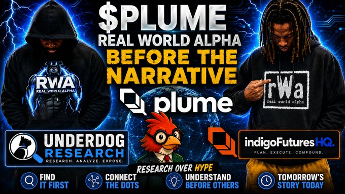 A banner promoting "$PLUME Real World Alpha Before The Narrative," featuring hooded figures in RWA-themed merchandise alongside logos for Plume, Underdog Research, and Indigo Futures HQ, with messaging emphasizing "Research Over Hype" and early discovery—visually reinforcing the post's call to seek out real-world asset insights before headlines emerge.
