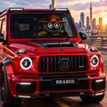 A red Mercedes-Benz Brabus G-Class SUV driving through a city at night.