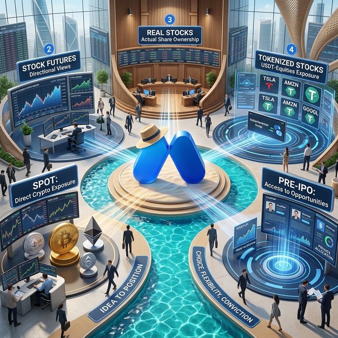 A digital illustration showing various investment categories including Stock Futures, Real Stocks, Tokenized Stocks (TSLA, AMZN, GOOGL), SPOT for direct crypto exposure, and Pre-IPO opportunities, centered around an 'M' logo with a figure in a sun hat.