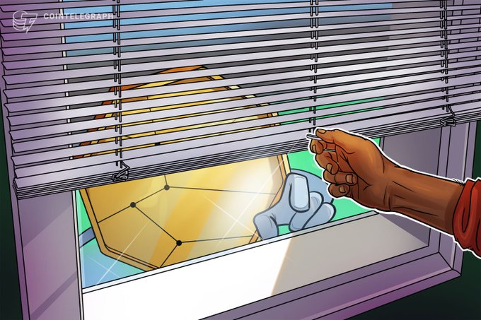 A Cointelegraph illustration showing a hand pulling up window blinds to reveal a stylized hand holding a golden Bitcoin token outside.