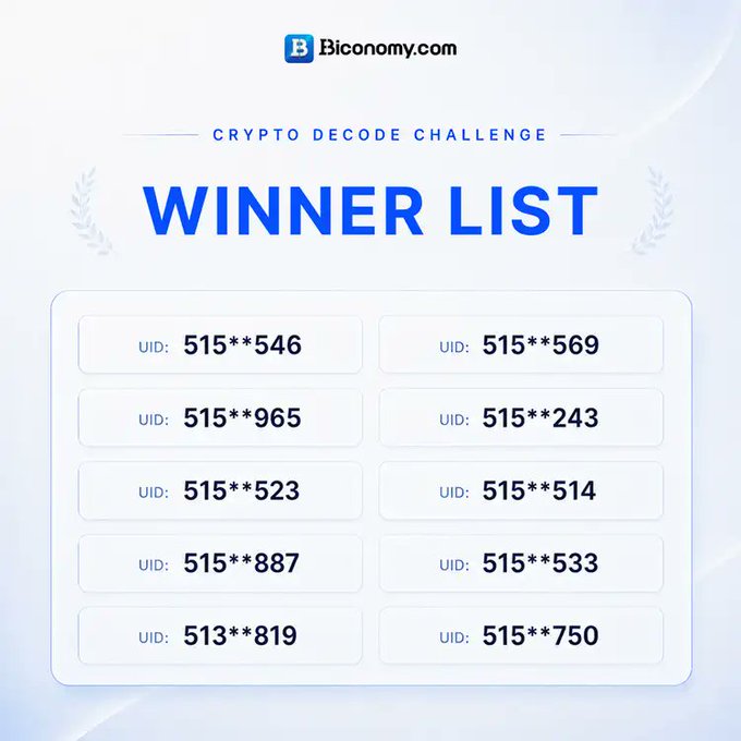 A promotional graphic for Biconomy.com displaying the 'CRYPTO DECODE CHALLENGE WINNER LIST' with ten partially obscured UIDs, such as 515**546 and 515**569, presented in a two-column layout.