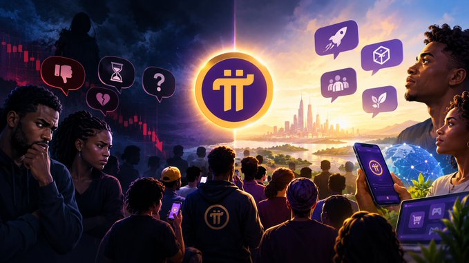 A digital illustration showing a crowd of people looking at a glowing Pi cryptocurrency logo, with icons of rockets, thumbs down, broken hearts, and questions floating around.
