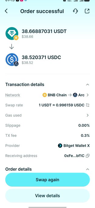 A mobile wallet screenshot showing a successful crypto swap order of 38.66887031 USDT ($38.66) to 38.520371 USDC ($38.52), routed through BNB Chain to Arc via Bitget Wallet X with a 0.3% TX fee.