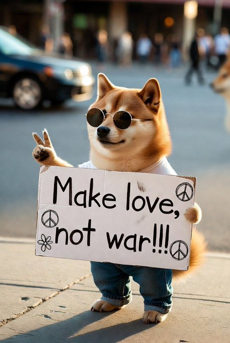 The image features a dog wearing sunglasses and holding up a sign that reads "Make love, not war!". The dog's pose suggests a sense of humor or lightheartedness about the message on the sign. The background shows a street scene with people walking by, indicating an urban setting where the photo was taken.