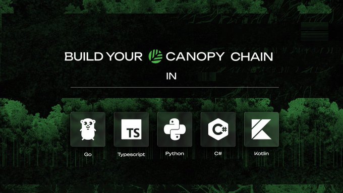 A promotional graphic with a dark forest background displaying the text "BUILD YOUR CANOPY CHAIN IN" above icons for programming languages: Go, TypeScript (TS), Python, C#, and Kotlin.