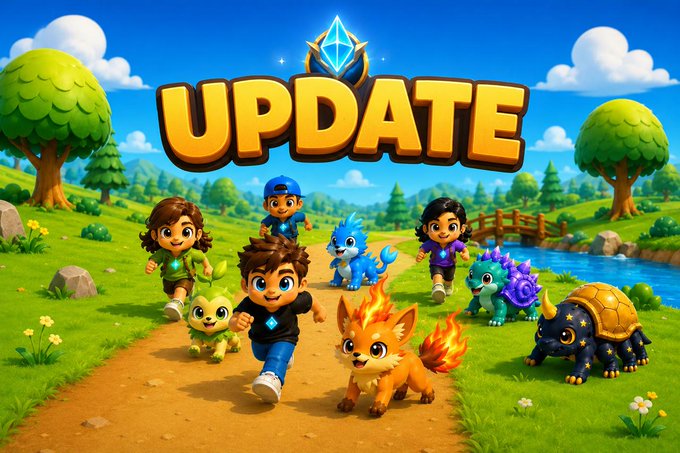 Colorful 3D cartoon-style 'UPDATE' graphic featuring children and cute fantasy creatures like a fox, dragon, and turtle running along a dirt path in a green meadow.
