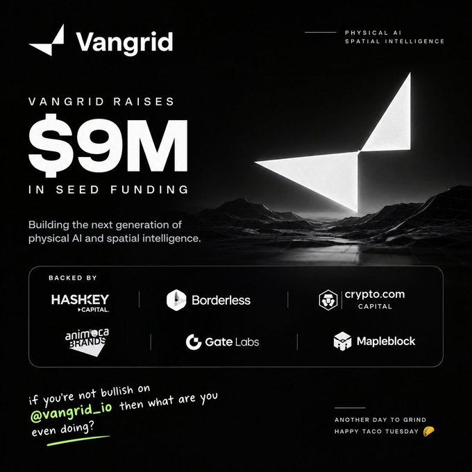 An announcement graphic for Vangrid raising $9M in seed funding to build the next generation of physical AI and spatial intelligence, backed by investors including Hashkey Capital, Borderless, crypto.com, Animoca Brands, Gate Labs, and Mapleblock.
