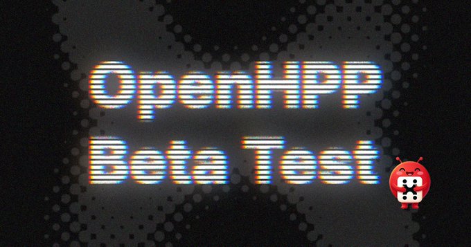 A stylized text graphic reading 'OpenHPP Beta Test' with a glitch effect and a small red devil logo in the corner.