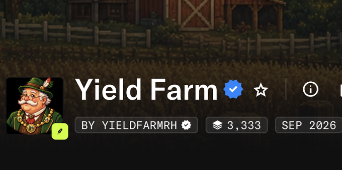 A Steam game page screenshot for 'Yield Farm' by YIELDFARMRH, showing 3,333 reviews and a September 2026 release date, featuring a Bavarian-style character icon.