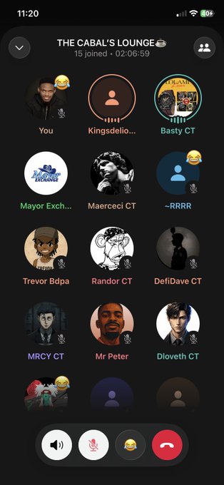 A Telegram voice chat screenshot showing 'THE CABAL'S LOUNGE' with 15 joined users and a 02:06:59 timer, displaying profile pictures and usernames of participants including You, Kingsdelio..., Basty CT, Mayor Exch..., Maerceci CT, ~RRRR, Trevor Bdpa, Randor CT, DefiDave CT, MRCY CT, Mr Peter, and Dloveth CT.