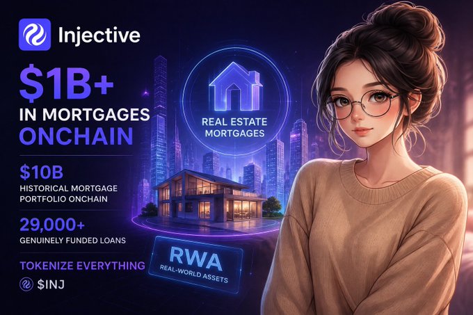 An Injective cryptocurrency promotional graphic advertises '$1B+ IN MORTGAGES ONCHAIN', '$10B HISTORICAL MORTGAGE PORTFOLIO ONCHAIN', and '29,000+ GENUINELY FUNDED LOANS' with an illustrated woman wearing glasses and the tagline 'TOKENIZE EVERYTHING'.
