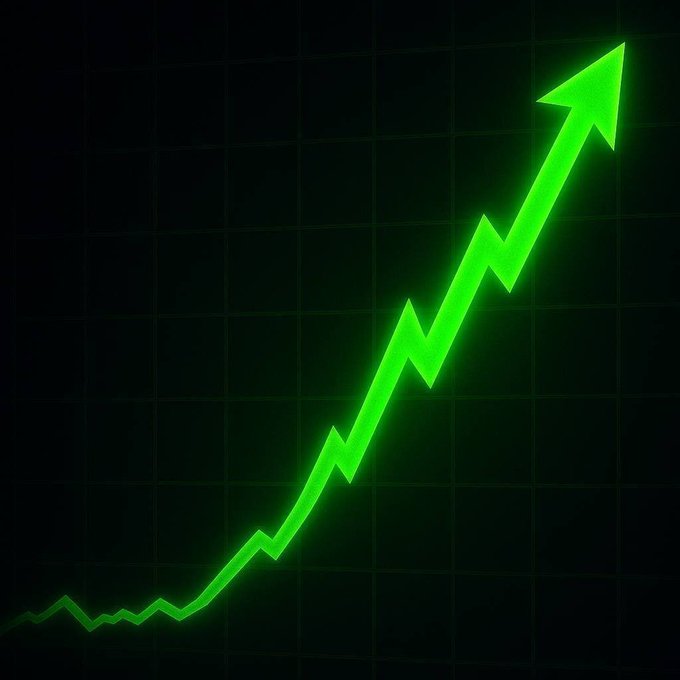 A glowing green upward-pointing arrow chart on a dark grid background, indicating rising growth or positive trends.