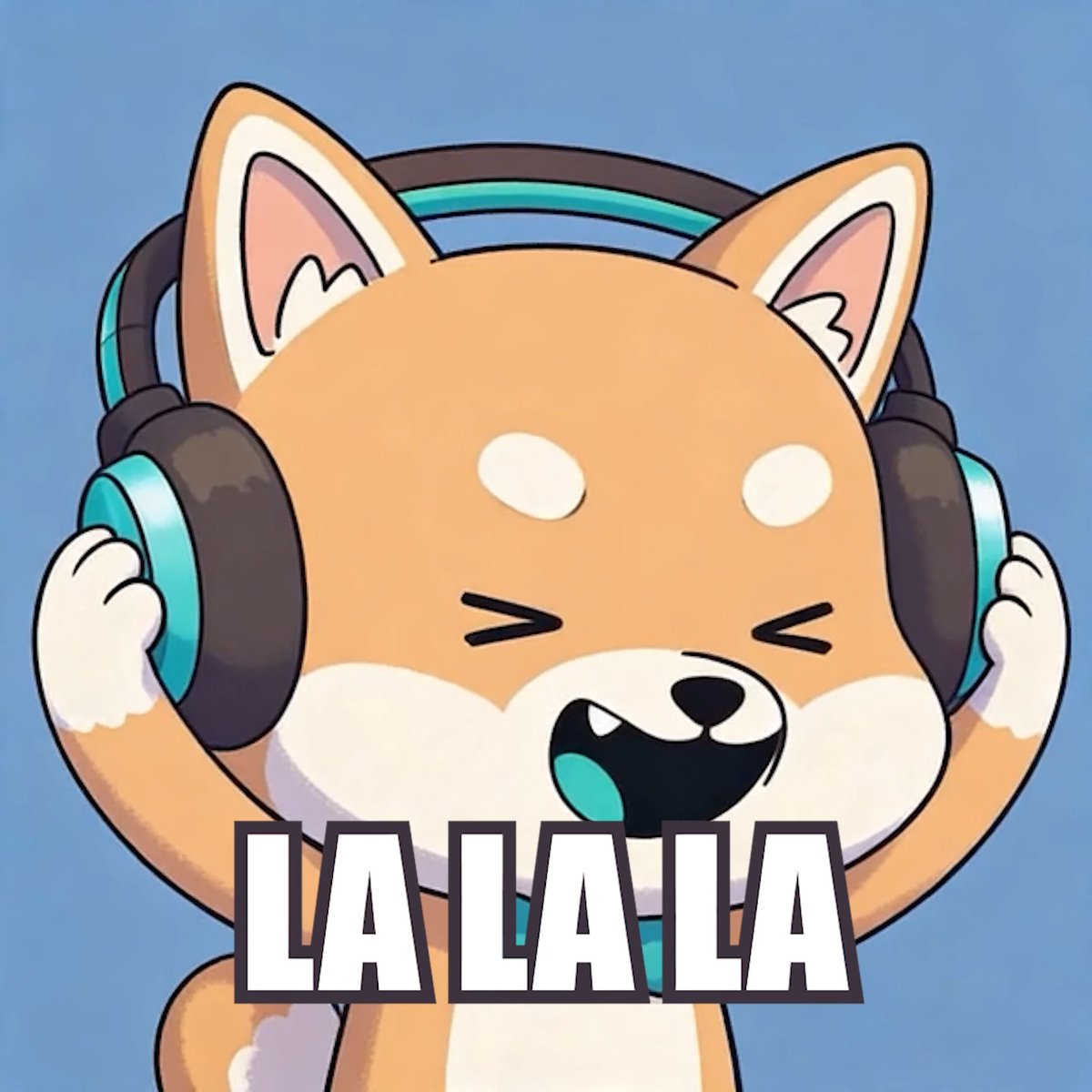 A cute cartoon Shiba Inu dog wearing teal headphones with eyes closed happily sings "LA LA LA" against a blue sky, embodying the post's message of blissful denial while enjoying the last week of vacation.