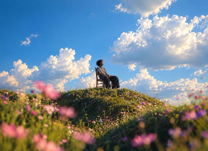 A person sits on a wooden chair atop a grassy hill under a bright blue sky filled with fluffy white clouds, surrounded by pink flowers.