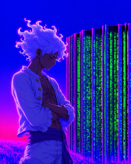 Anime-style illustration of a character with curly white hair and a white open shirt, standing with arms crossed beside a digital display of green and pink lines, set against a deep blue and purple sky.