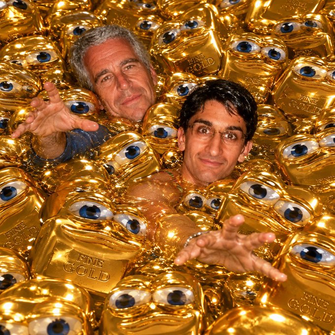 Two men are partially submerged in a sea of gold-wrapped chocolate coins labeled "FINE GOLD," each adorned with cartoonish blue eyes, with the men reaching out their hands toward the camera in a playful, meme-like composition. The surreal image fits the post's skeptical tone, as it humorously references a scene seemingly too absurd to be real.
