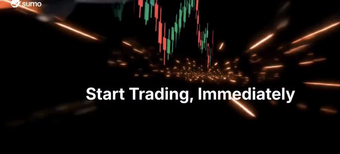 A bold promotional graphic for LaunchOnSumo featuring the text "Start Trading, Immediately" overlaid on a dynamic background of green and red candlestick charts with glowing light streaks, visually reinforcing the post's emphasis on the platform's impressive trading metrics and profitable launches.