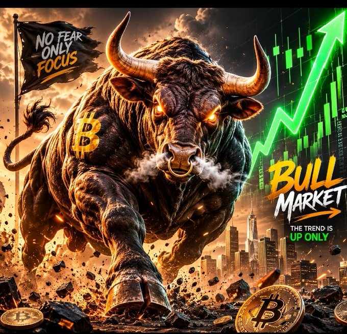 A dramatic digital illustration of a charging bull with a Bitcoin symbol on its shoulder, featuring text 'NO FEAR ONLY FOCUS' on a flag and 'BULL MARKET THE TREND IS UP ONLY' alongside a green ascending chart.