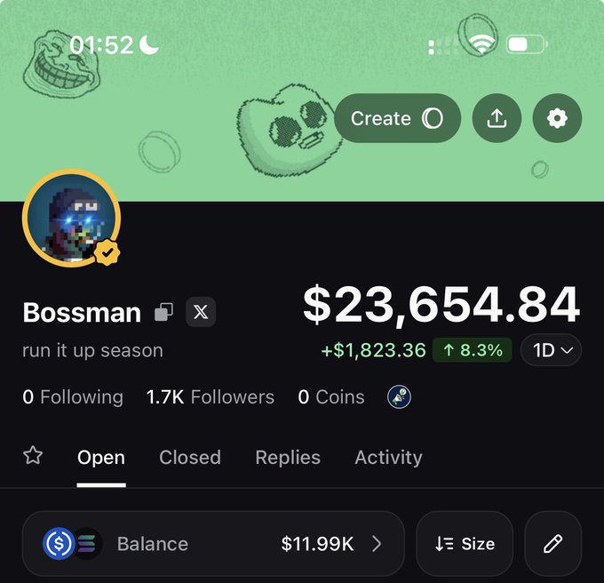 A screenshot of a Robinhood portfolio for user "Bossman" showing a balance of $23,654.84 (+$1,823.36, ↑8.3%) with 1.7K followers and the caption "run it up season," promoting a public trading challenge on Pump.fun to grow from $10K to $100K.