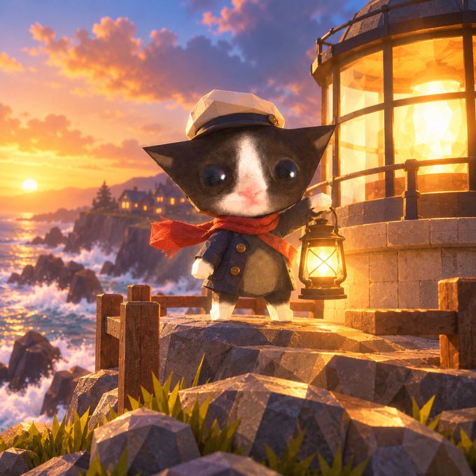 A digitally rendered or plush-style kitten dressed in a sailor outfit with a white hat and red scarf, holding a glowing lantern while standing on a rocky cliff beside a lighthouse at sunset.