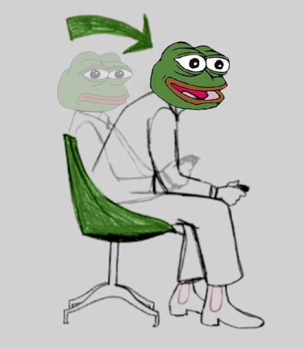 A hand-drawn illustration showing the 'transformation' Pepe the Frog meme, with a sad frog ghost transitioning via green arrows into a happy, smiling Pepe sitting on a chair.