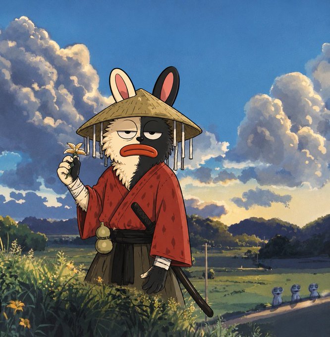 A grumpy anthropomorphic rabbit dressed in samurai attire and a straw hat stands in a pastoral landscape, holding a flower. The whimsical, anime-style artwork seems unrelated to the cryptocurrency airdrop post about $BORO tokens, with no visible text, names, or tickers in the image itself.
