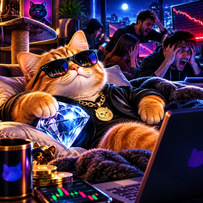 An AI-generated image depicting a stylized, wealthy orange cat wearing sunglasses and a gold chain with a dog pendant, lounging with a large blue diamond, while panicked humans look at crashing stock market charts on screens in the background.