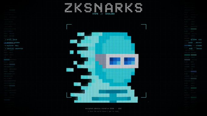A pixel art illustration of a blue Among Us character with digital glitch effects, under the title 'ZKSNARKS' with 'STATE // SHIELDED' beneath it.