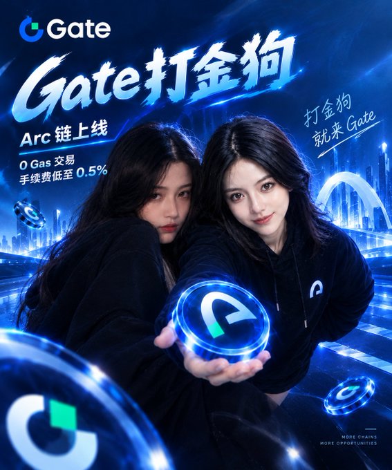 A promotional poster for Gate's "Gold-Hunting Dog" (打金狗) features two women holding glowing Gate-branded coins against a futuristic blue cityscape, advertising the launch of the Arc chain with 0 gas fees and a transaction fee as low as 0.5%. The tagline "More Chains, More Opportunities" appears in the corner, supporting the article's announcement about the platform's first Arc chain transaction.