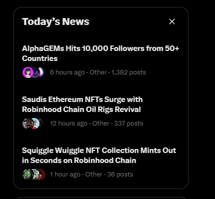 A 'Today's News' feed widget with headlines about 'AlphaGEMs Hits 10,000 Followers from 50+ Countries', 'Saudis Ethereum NFTs Surge with Robinhood Chain Oil Rigs Revival', and 'Squiggle Wuiggle NFT Collection Mints Out in Seconds on Robinhood Chain'.
