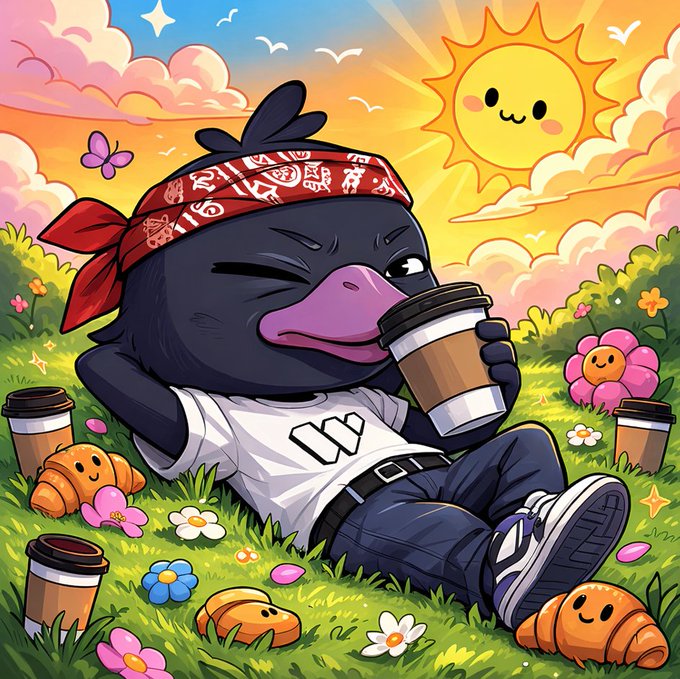 A colorful, cheerful cartoon illustration of a black platypus character wearing a red bandana and a white t-shirt, relaxing in a sunny meadow with coffee cups and smiling croissants around them.