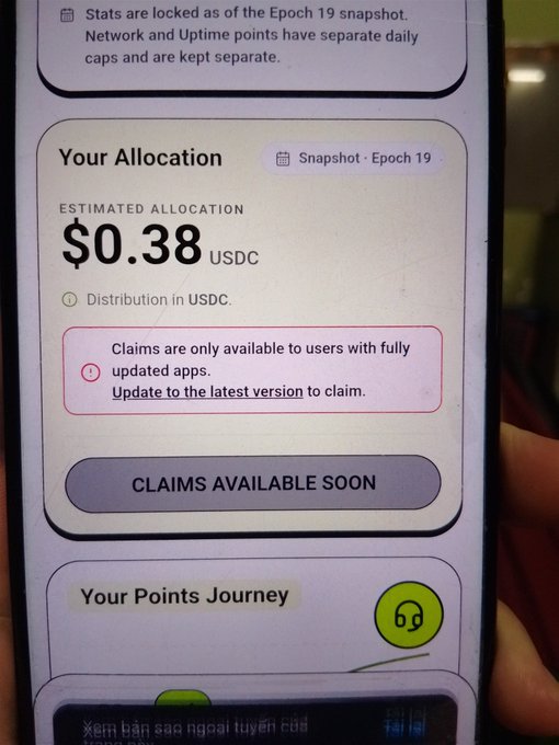 A mobile phone screenshot showing a 'Your Allocation' page with an estimated allocation of $0.38 USDC, noting that 'Stats are locked as of the Epoch 19 snapshot' and 'Claims are only available to users with fully updated apps.'