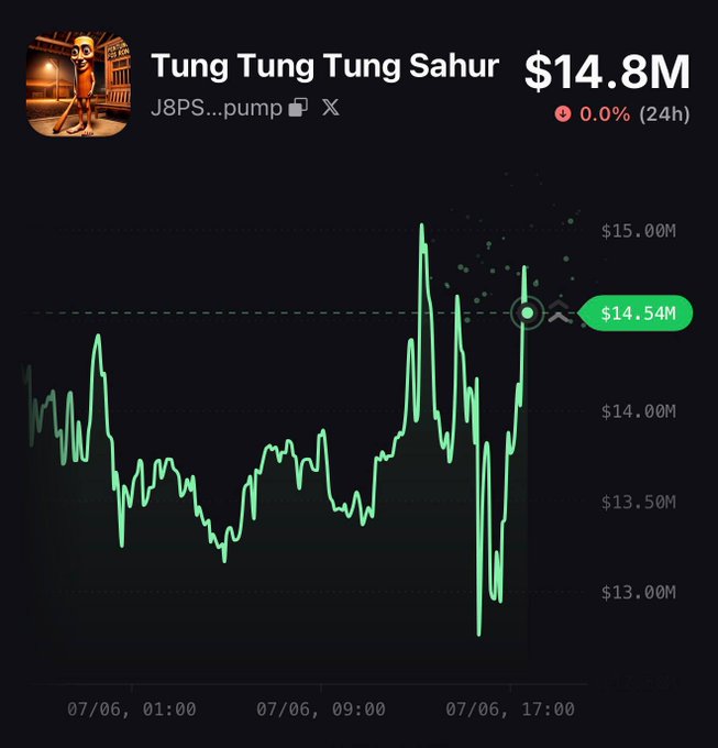 A cryptocurrency price chart for "Tung Tung Tung Sahur" (J8PS...pump) showing a current value of $14.8M with 0.0% change over 24 hours, displaying volatile price action between approximately $13.00M and $15.00M throughout the day. The chart's significant price swings and recent recovery align with the poster's bullish sentiment and confidence in holding through what they believe is a sentiment bottom.