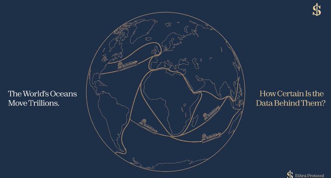 This image depicts shipping routes across the globe with the text "The World's Oceans Move Trillions." and "How Certain Is the Data Behind Them?", highlighting the vast economic activity facilitated by maritime trade and questioning data reliability.