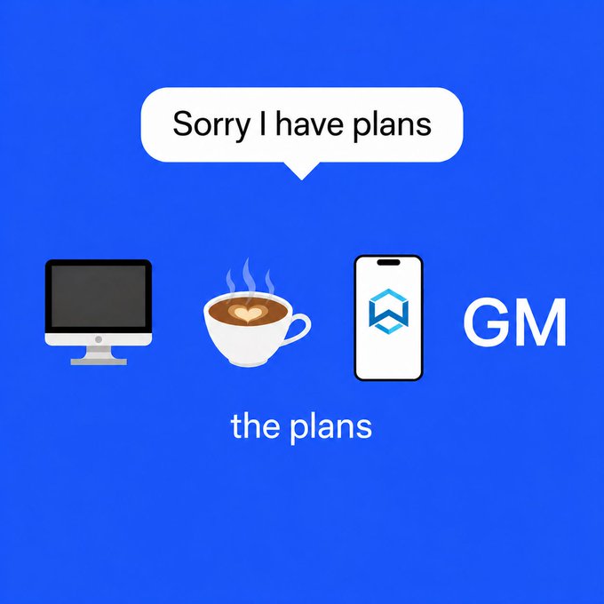 A blue meme graphic showing the phrase 'Sorry I have plans' with icons representing 'the plans': a computer, a cup of coffee, a GMX phone app, and the letters 'GM'.