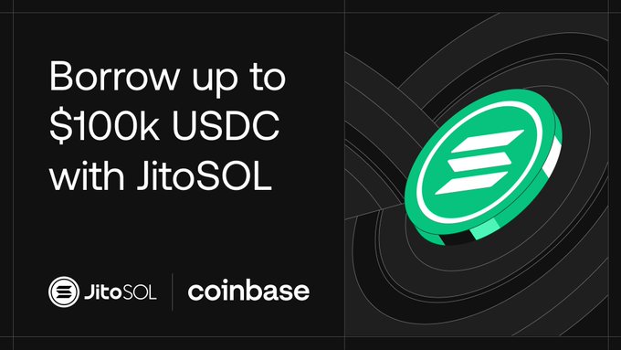 The image features a poster with an illustration of a green coin, presumably representing Bitcoin, situated at the center. The background color is black, which complements the vibrant green of the coin. At the top left corner of the poster, there's a text that reads "Borrow up to $100k USDC with JitoSOL against Solana". This description focuses on the idea of leveraging Bitcoin for capital efficiency and taking control of your investments in USDC, highlighting the benefits of using cryptocurrency such as JitoSOL. The overall layout is simple and clear, providing viewers with essential information about the coin and how it works within the context of the poster's theme.