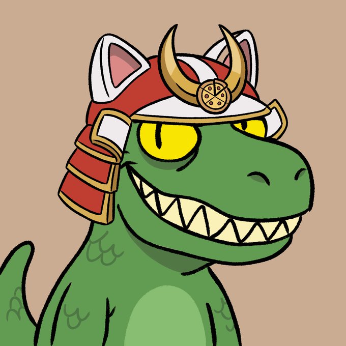 The image features a cartoon dinosaur wearing a red and white helmet with a gold emblem, giving it an anime-like appearance. The dinosaur has its mouth open wide, as if ready for action or playfulness. In the background, there are two small cats sitting on top of each other, adding to the whimsical atmosphere of the scene. The image also includes text that reads "Gm chompers! Would you all like a sneak peek of one of my favourite legendaries today? Chomp chomp".