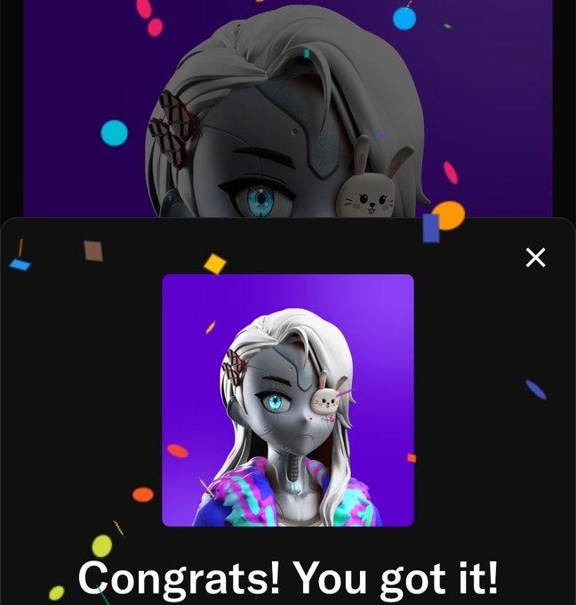 A digital NFT collectible of a robotic anime-style character with a bunny accessory on a purple background, accompanied by confetti and the text "Congrats! You got it!"