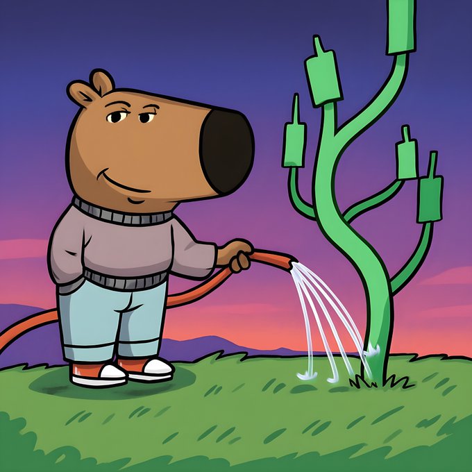 "GM Chillguys" is a popular cartoon character created by the artist Matt Groening. He is known for his distinctive style, which includes wearing a gray sweater and blue jeans while holding a red hose with water shooting out of it. In this image, we see a brown bear standing in front of a green tree that has white bottles attached to its branches. The bear appears to be watering the tree using the hose, creating an amusing scene reminiscent of the cartoon character "GM Chillguys".