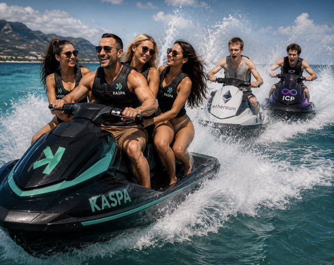 The image shows a group of people riding jet skis together, with four individuals visible in the scene. They are all wearing black tops and shorts, which makes them easily identifiable as Kaspa holders. The water around them is splashing up, creating an exciting atmosphere for their adventure on the water.