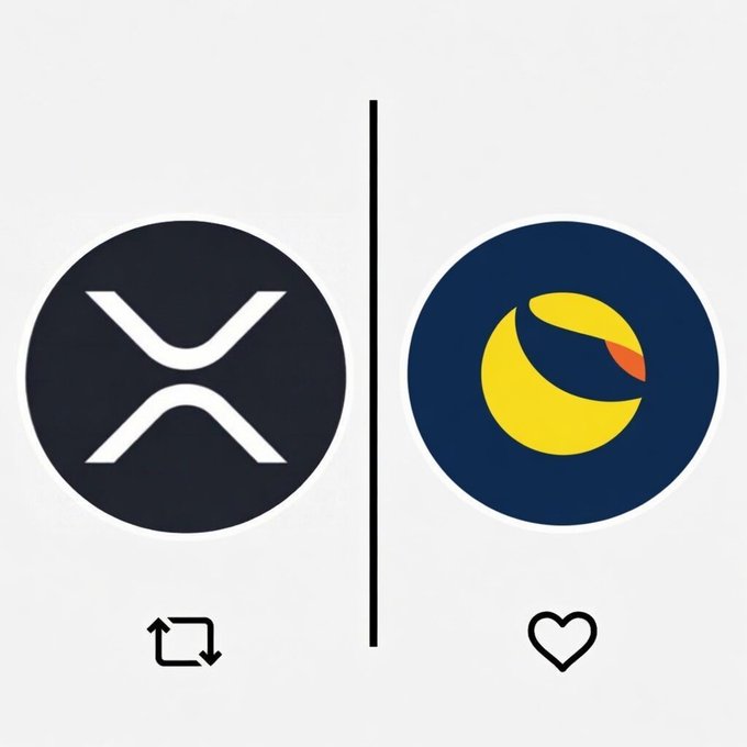 The image displays two cryptocurrency logos side by side separated by a vertical line: the XRP logo (stylized "X" in a black circle) on the left with a swap/exchange arrows icon beneath it, and the LUNC (Terra Luna Classic) logo (yellow crescent with red accent in a navy circle) on the right with a heart icon beneath it, representing a poll for which of these two projects will see the biggest growth this bull cycle.