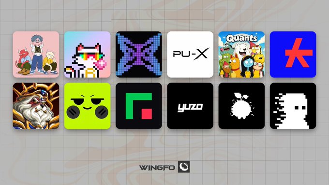 A collection of twelve app icons or NFT graphics arranged in a 2x6 grid, featuring various designs including characters, logos like 'PU-X' and 'yuzo', and a 'WINGFO' logo at the bottom.