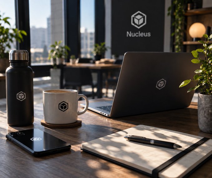 A bright workspace scene branded 'Nucleus' featuring a laptop, coffee mug, water bottle, phone, and notebook on a wooden desk near a window.
