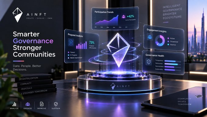 An AINFT promotional graphic titled 'Smarter Governance Stronger Communities' displaying an Ethereum logo on a platform surrounded by floating analytics dashboards.