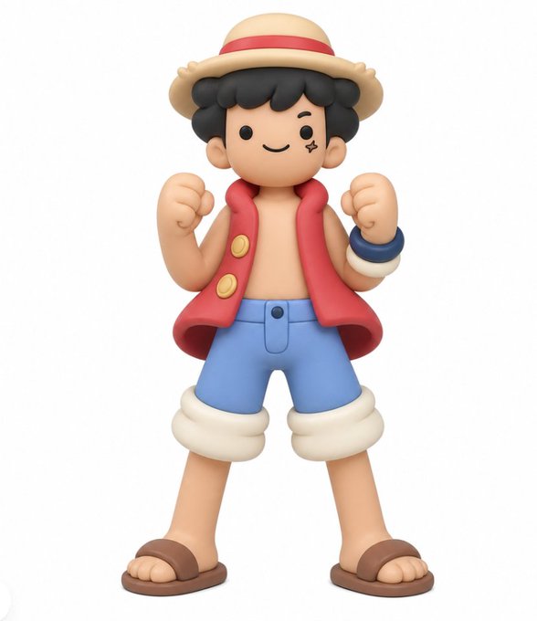 A 3D rendered cartoon figure of Monkey D. Luffy from One Piece stands smiling, wearing his signature straw hat, red vest, and blue shorts.